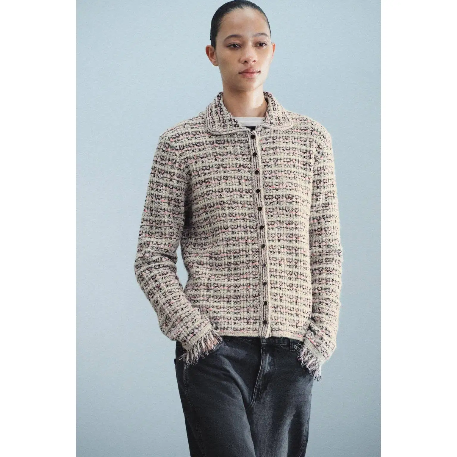 Fashionable Knitted Jacket Women's Short Outerwear with Frayed Sleeve  Versatile Style Standard Fit Polyester Fiber Butto...