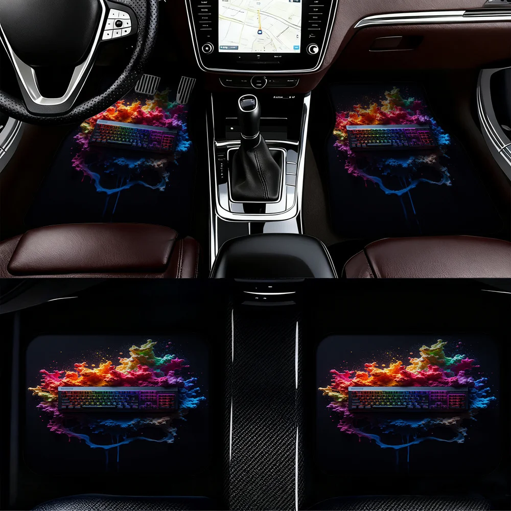 4pcs Car Mats, Designed For Crossovers Or Pickup Trucks, Presenting Colorful Splash Keyboard Design Along With Easy Maintenance