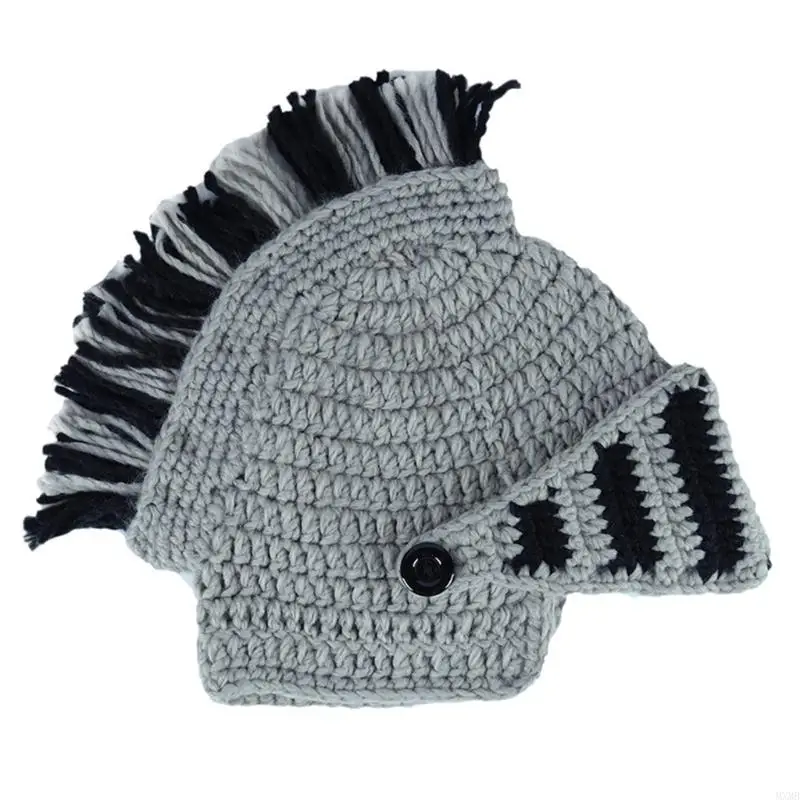 MXMB Men Women Funny Chunky Knitted Roman Knight Helmet Hat Contrast Color Tassel Barbarian Crochet Earflap Beanie Skull