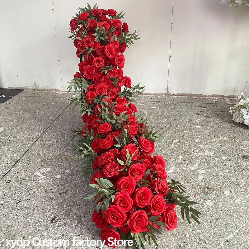 Künstliche rote Rosenblumenreihe, langer Läufer, Hochzeits-Hintergrunddekoration, Blumenarrangement, Party-Requisiten, grüne Pflanzen, Tischdekoration – Detail 6