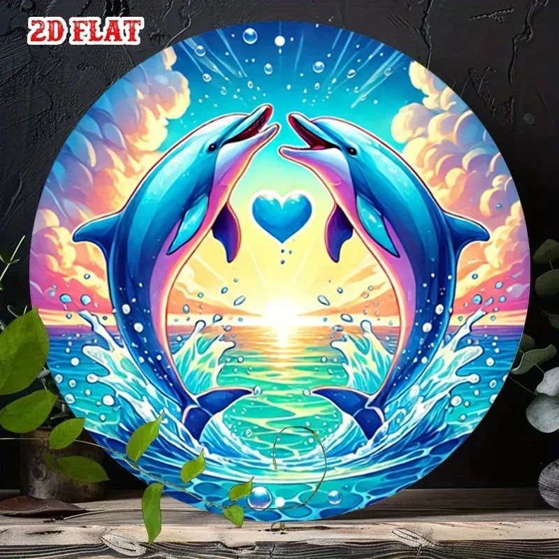 Round Aluminum Metal Sign 7.8x7.8in Dolphin Ocean Sunset Heart 2D Wall Decor for Home Garage