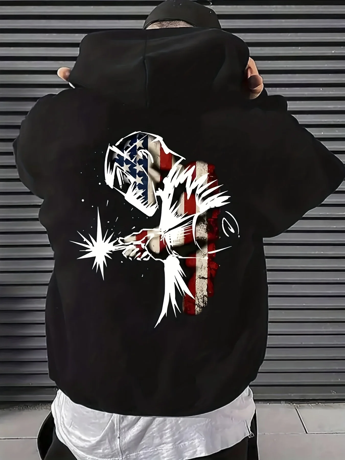 Men'sBack Print Hoodie American Flag Welder Patriotic Graphic Sweatshirt Long Sleeve Casual Pullover Welding Worker Gift Hoodies