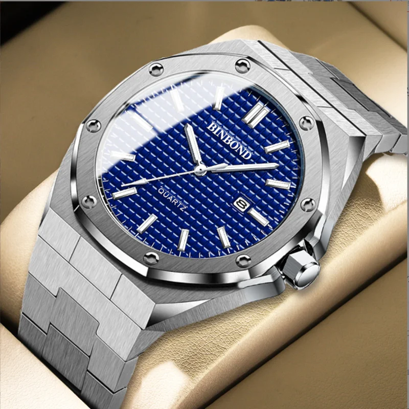 BINBOND B0233 Fashion Men's Watch Alloy Strap with Octagonal Screw Quartz Movement High End Quartz Men's Watch