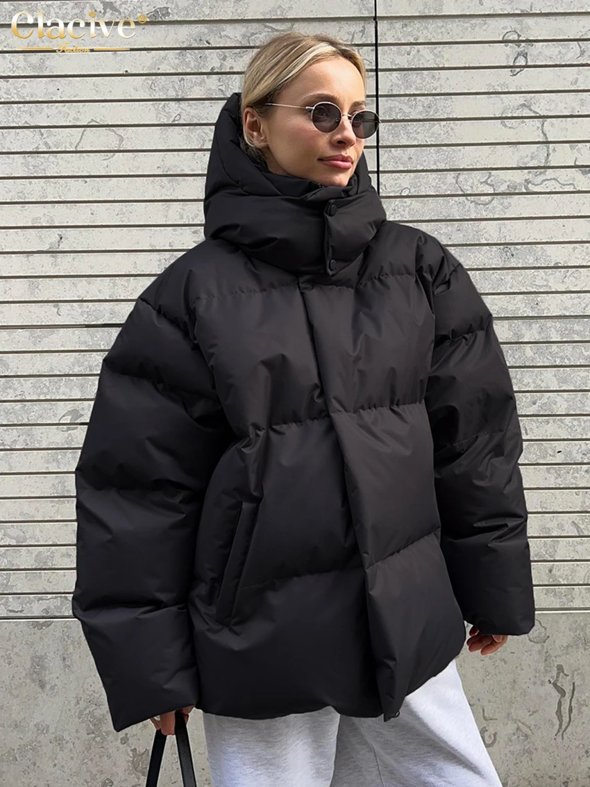 

Clacive Fashion Loose Black Woman Winter Coats 2025 Elegant Hooded Long Sleeve Coats Casual Classic Solid Tops Female Clothing