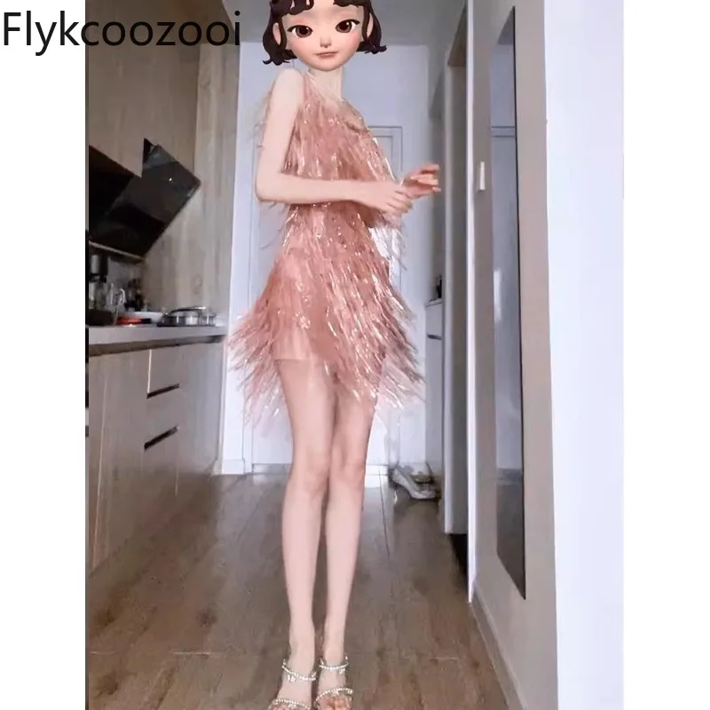 

Celebrity Luxury Sequined Tassel Camisole Dress Women Spicy Exquisite Sheath Wrap Hip Summer Evening Banquet Backless Mini Dress