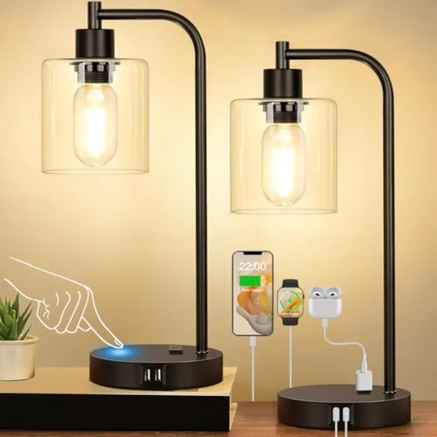 Set of 2 Industrial Touch Control Table Lamps with USB C+A Ports and AC Outlet - 3-Way Dimmable Black Bedside Lamps Nightstand