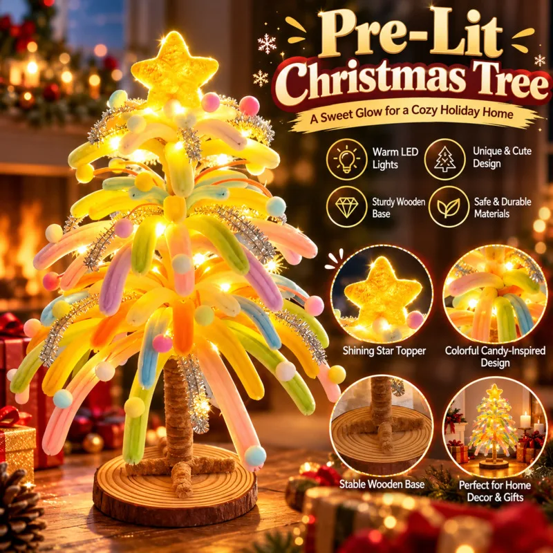DIY 25cm Pipe Cleaner Christmas Tree Kit Radiant Star Shape Mini Artificial Xmas Tree LED Light, Tabletop Holiday Ornament, Gift