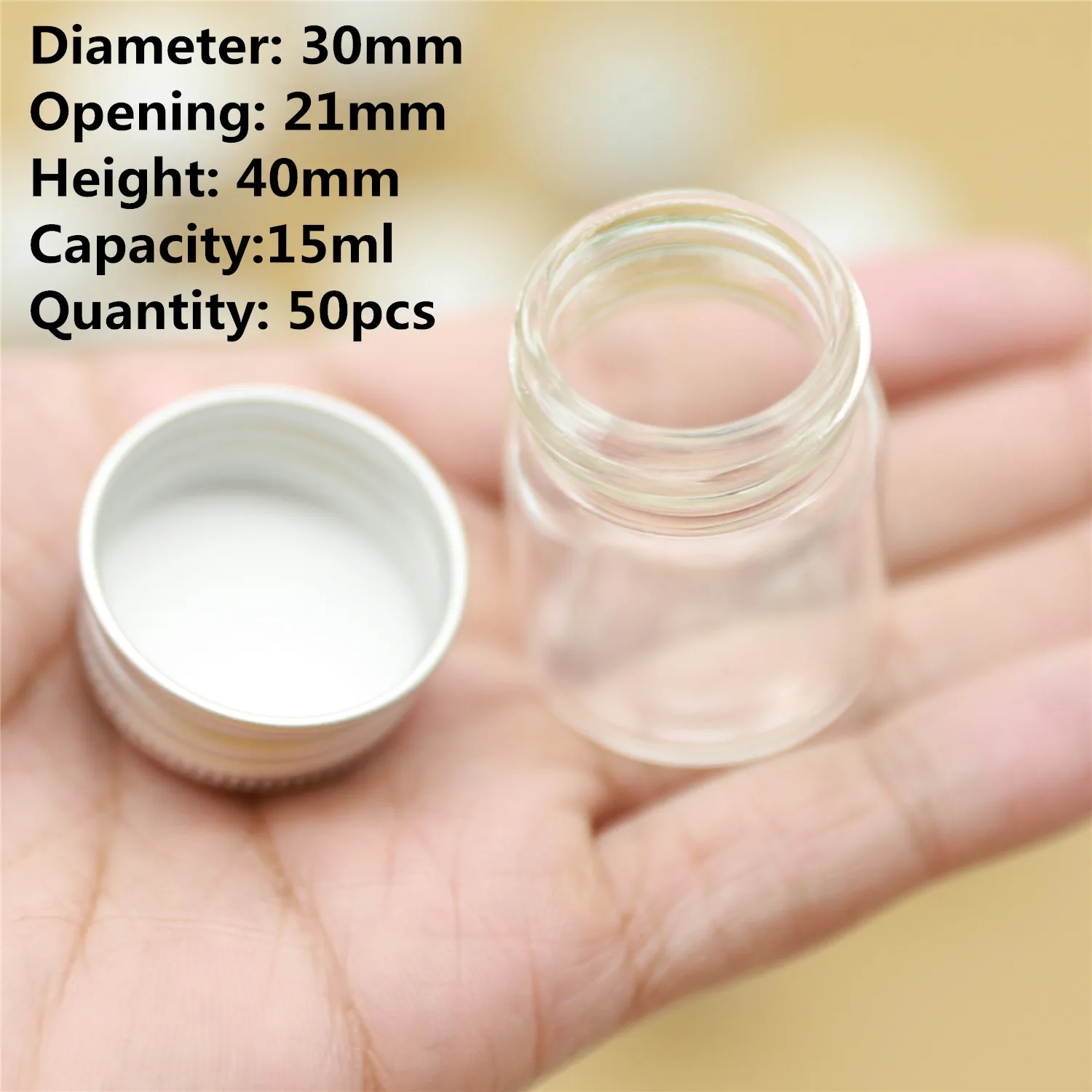 50 PCS 15ml 30*40mm Small Glass Bottles Aluminum Caps Glass Tiny Jars Vial Transparent Glass Containers Cute mini Bottles