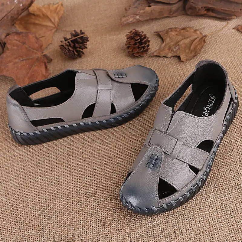 Women Casual Summer Ladies Soft Beach Sandals Walking Shoes Outdoor Comfort Classic Genuine Leather Woman Sandals Big Size 43