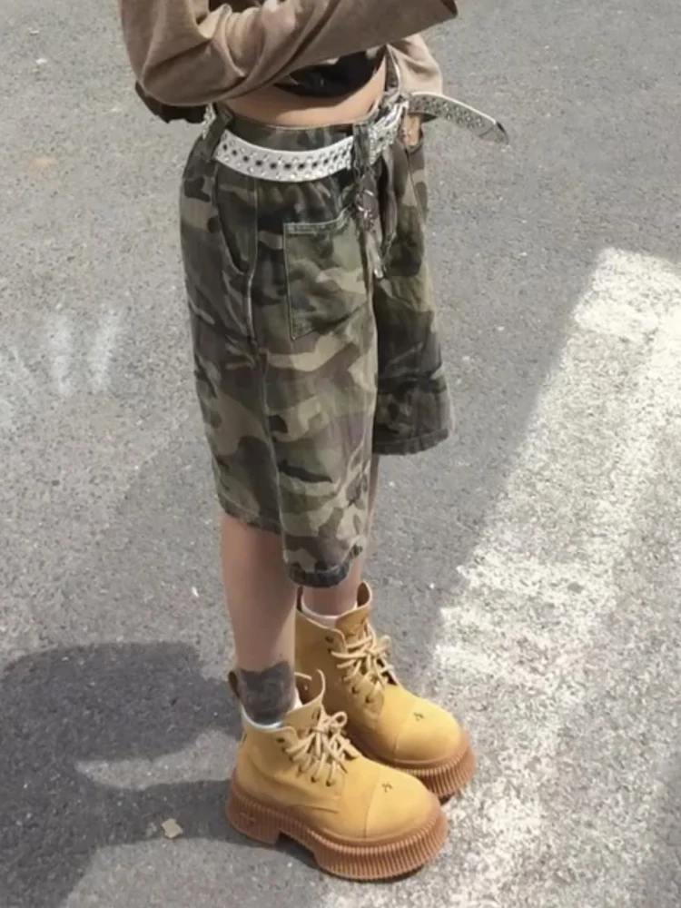 PBAP Retro Camouflage Wide Cargo Pants Women Wash High Rise Baggy Jorts Loose Casual Knee Long Denim Shorts Harajuku Streetwear