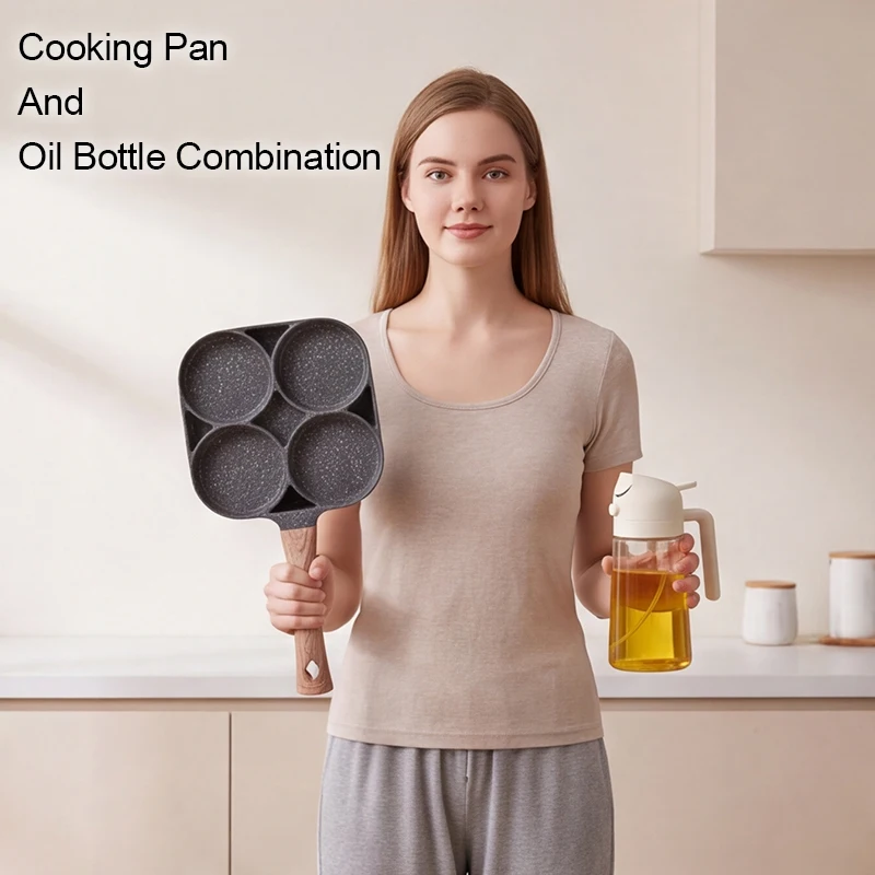 Kitchen Cooking Two‑Piece Set, Four‑Hole Frying Pan With Glass Oil Dispenser Combo Set, Breakfast Making Kitchenware, Egg Frying Cookware, Two‑In‑One Spray Oil Bottle