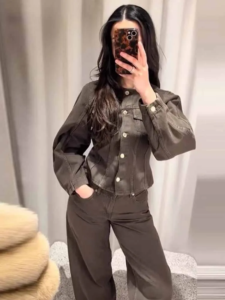 

TRAF женские свободные и модные джинсовые брюки с завязкой на талии и круглым вырезом, брюки с длинными рукавами и талией, повседневный костюм