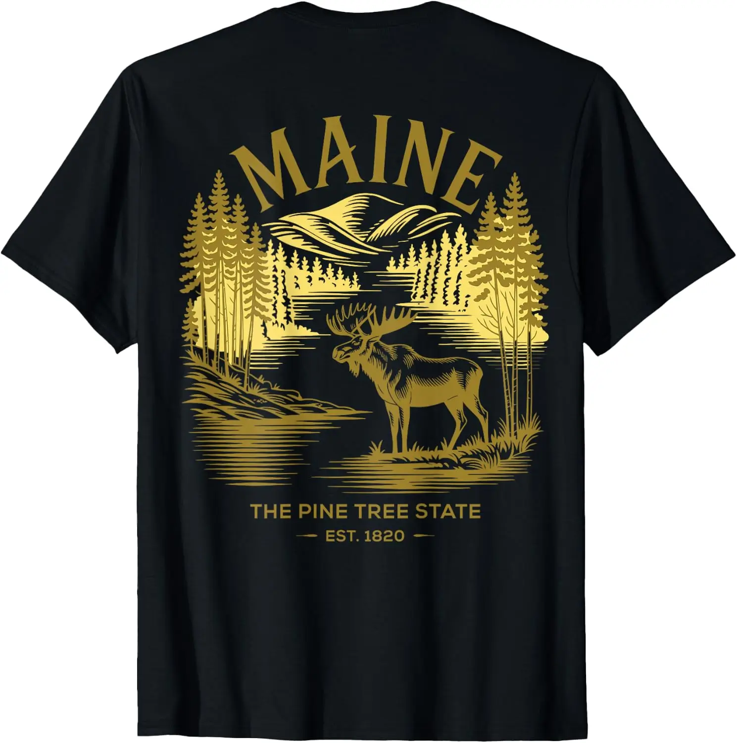 Maine Retro Vintage State Design Moose Pines Mountains T-Shirt Men Retro Vintage Slogan Printed T‑Shirt, Crew Neck Short Sleeve Distressed Graphic Tee Casual Daily Top for Men Holiday Gift