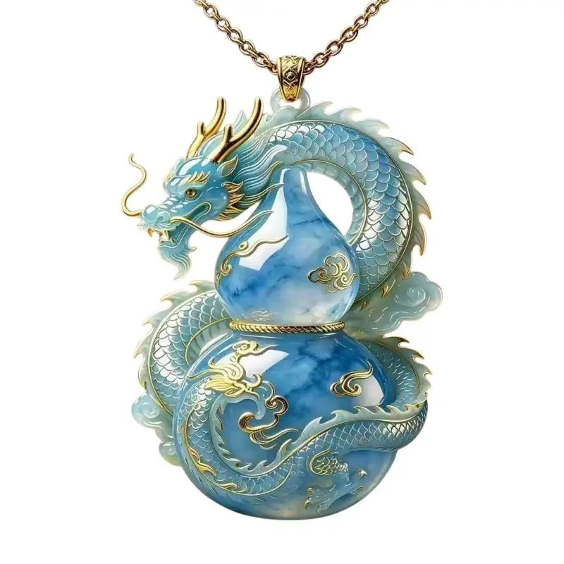 Traditional Ethnic Style Auspicious Gourd Necklace Blue Imitation Jade Pendant Jewelry for Women Festival Wear Gift