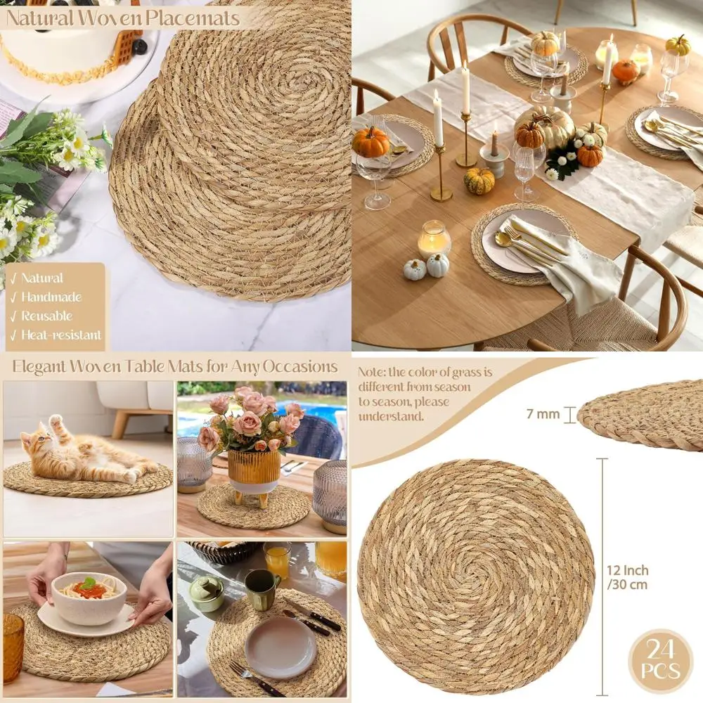 

12-Inch Natural Woven Bohemian Rattan Placemats, Set of 24 for Rustic Farmhouse Dining & Kitchen Decor