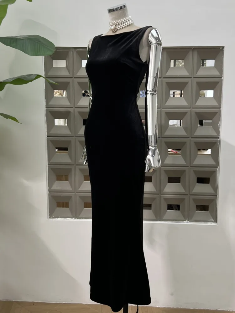 DFDG 2025, Frühling, Sommer, Damen, Vintage, eleganter Druck, Rundhalsausschnitt, ärmelloses Kleid, figurbetontes Meerjungfrau-Abendkleid