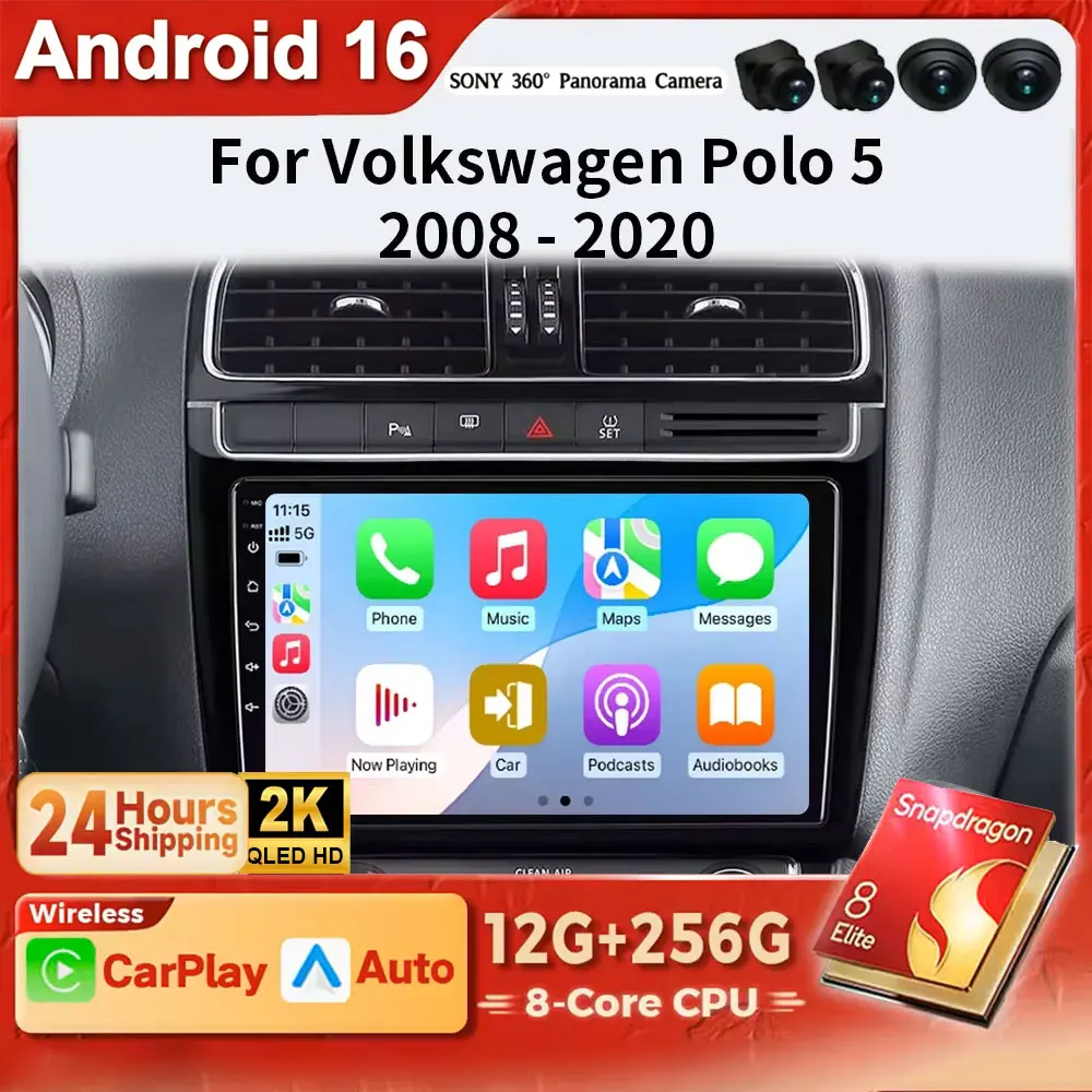 Android 16 2K QLED Auto Car Radio for Volkswagen VW polo 5 sedan 2008 - 2020 Wireless Multimedia 4G BT CarPlay SWC RDS DSP GPS