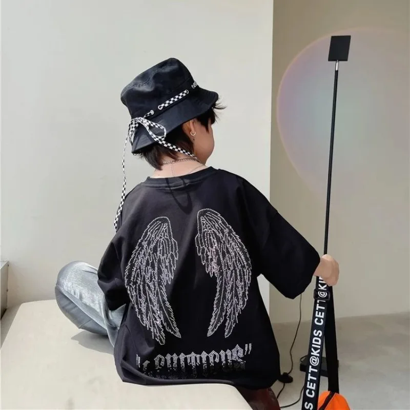 Wings with Rhinestones Trendy Short-sleeve for Kids T-shirt Children Clothes 7 To 14 Years Child 2025 Children's Clothing Korean