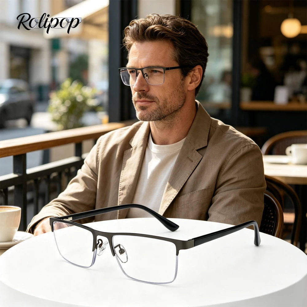 Rolipp Half Rim Business Reading Glasses Alloy Metal Frame Temple Lightweight Presbyopia Readers for Men Office Travel