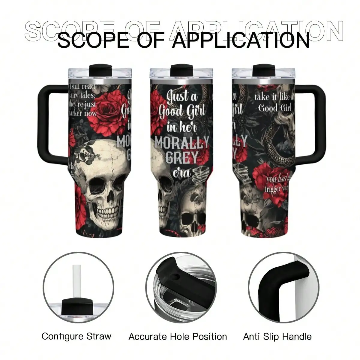 Matte Dark Charcoal 40 Oz Travel Tumbler With Black Handle, Gothic Skull, Red Rose, Floral Snake, Vintage Dark Romance Theme, Sh