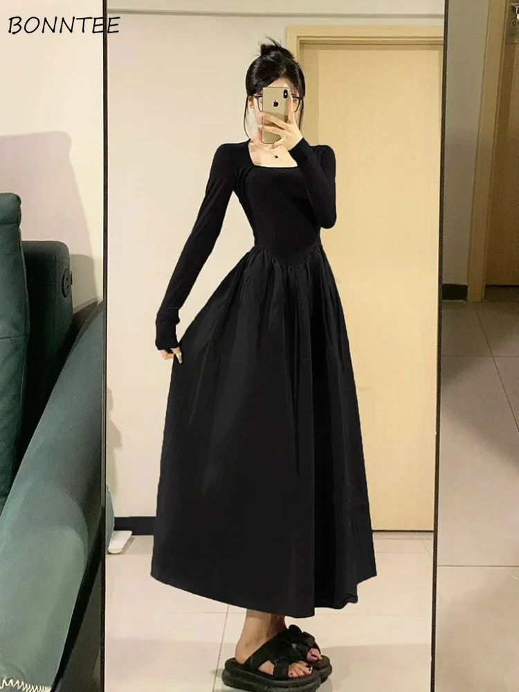 Black Long Dresses for Women Elegant French Style New Autumn Square Collar Stylish Temper Vestidos Simple Casual Vintage Ladies