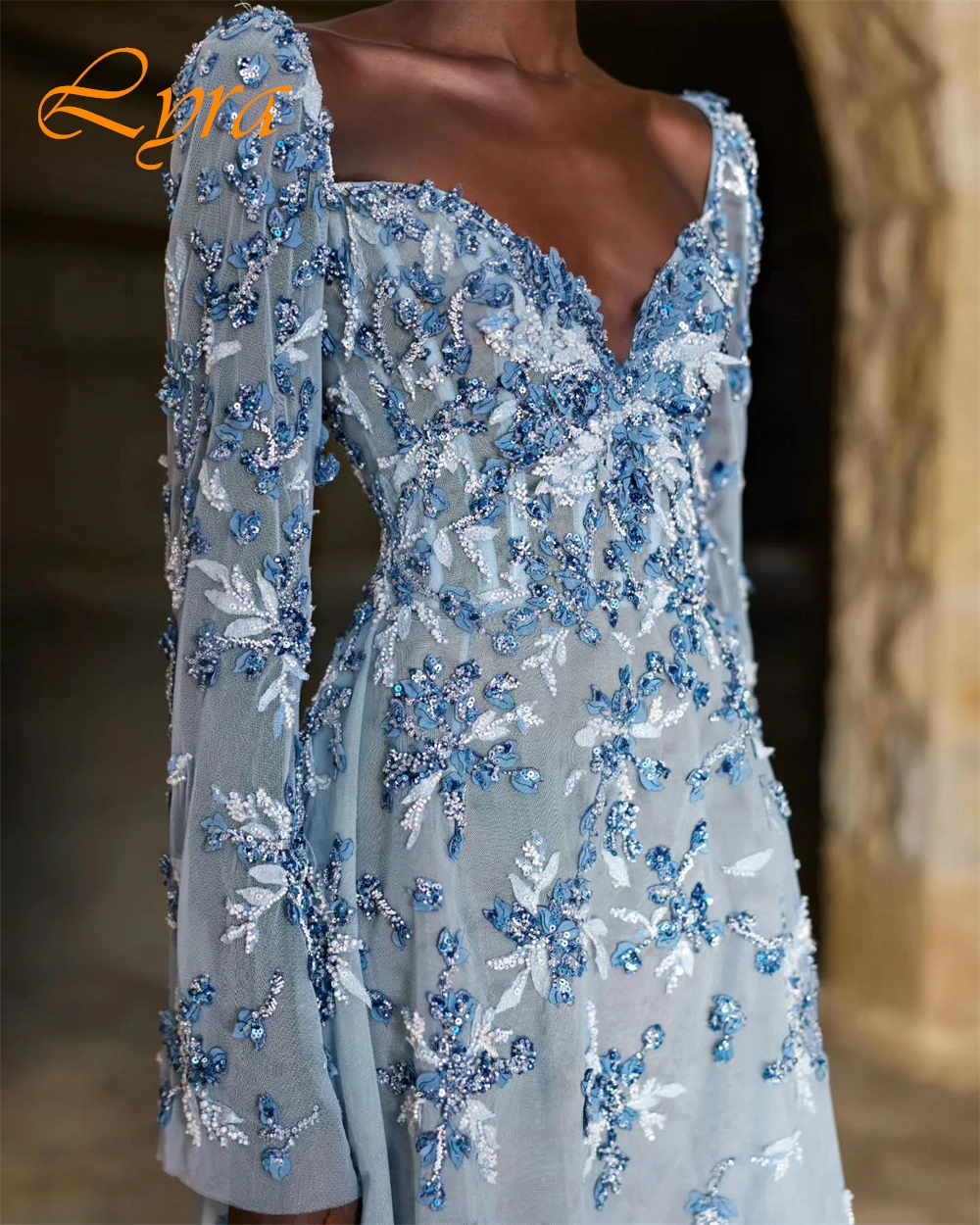 Customized Formal Chiffon V-Neck Evening Dress Exquisite Long Sleeves Prom Dresses Delicate Sequined Special Occasion Gowns