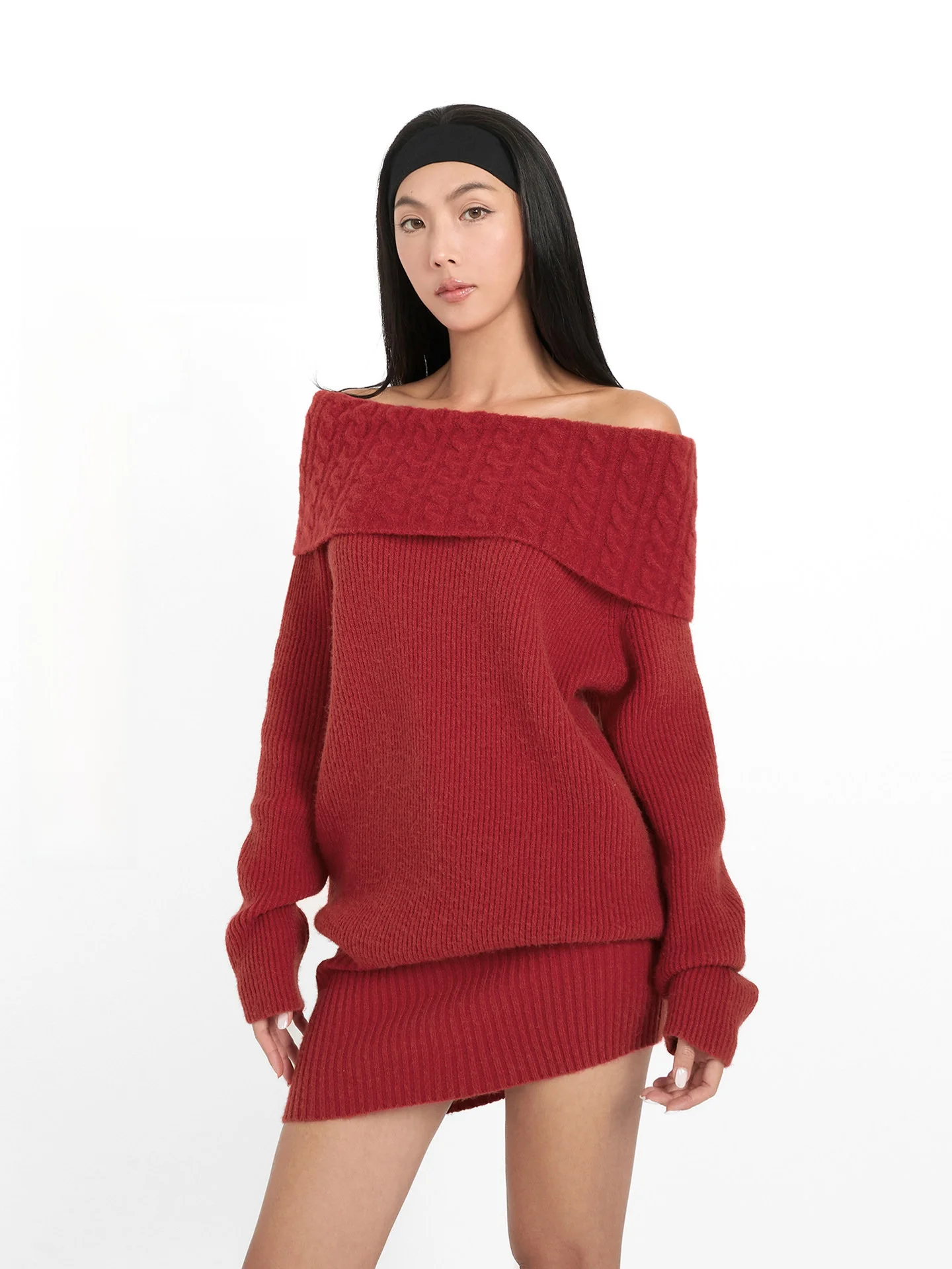 

Red One-oulder Collar Sweater Versatile Cisas New Year's Soft Cozy Vintage Loose Autumn Winter Women's Knitted Top