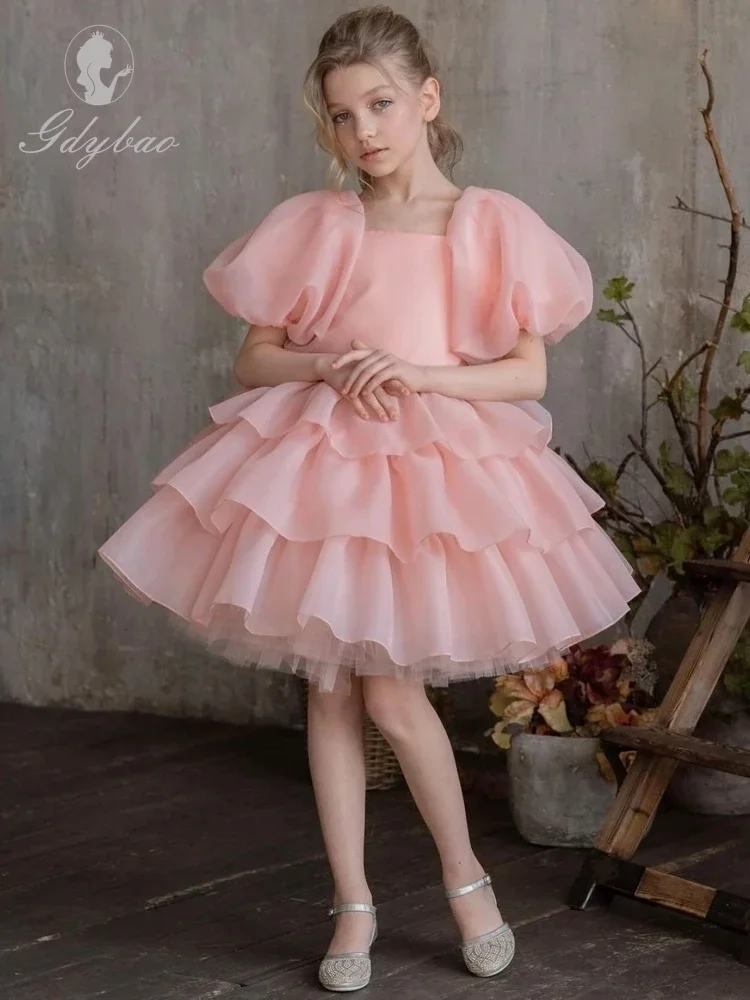 

Flower Girl Dresses Tulle Satin Tiered With Bow Short Sleeve Fit Wedding Party Birthday Banquet Princess Gowns