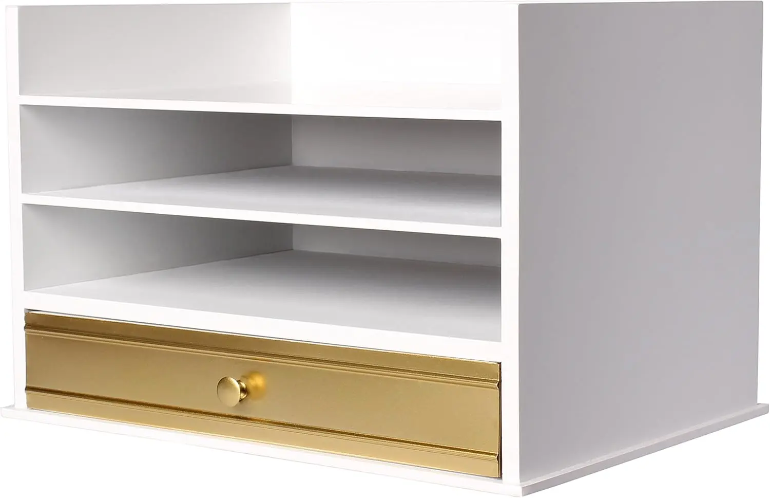 

Industrious Desktop Wood Letter Tray with 3 Trays and Drawer, White and Gold