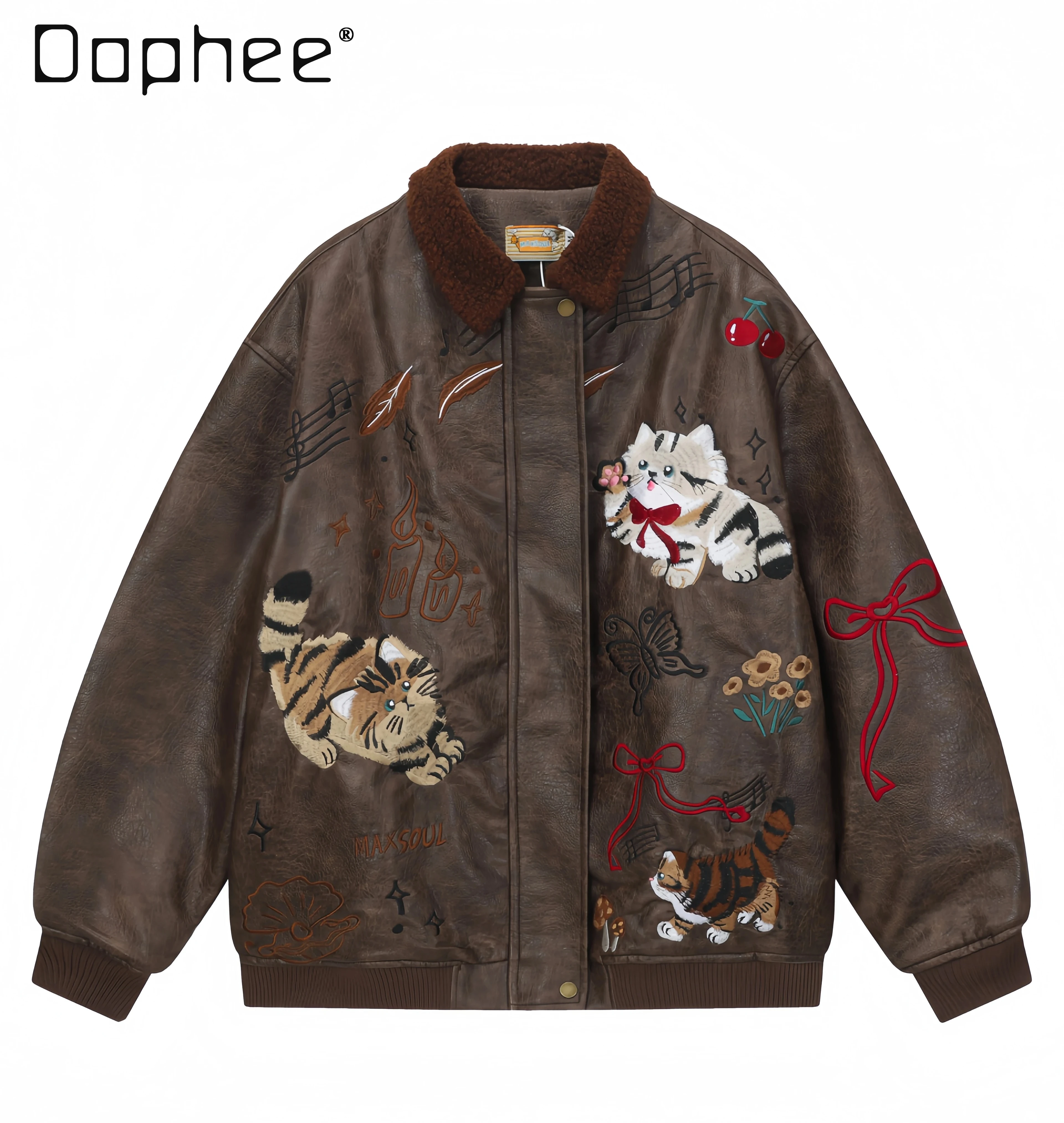 Autumn Winter New Men's Vintage Cute Cat Embroidery Coffee PU Leather Jacket Loose Casual Fleece Lined Thickened Apricot Coat