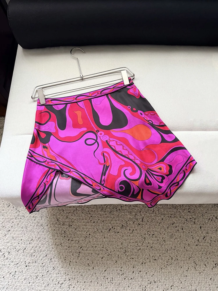 Summer Fashion Beach Style Geometric Print Silk Sexy Mini Skirt Women's Party Middle Waist Slim A-Line Asymmetrical Short Skirt