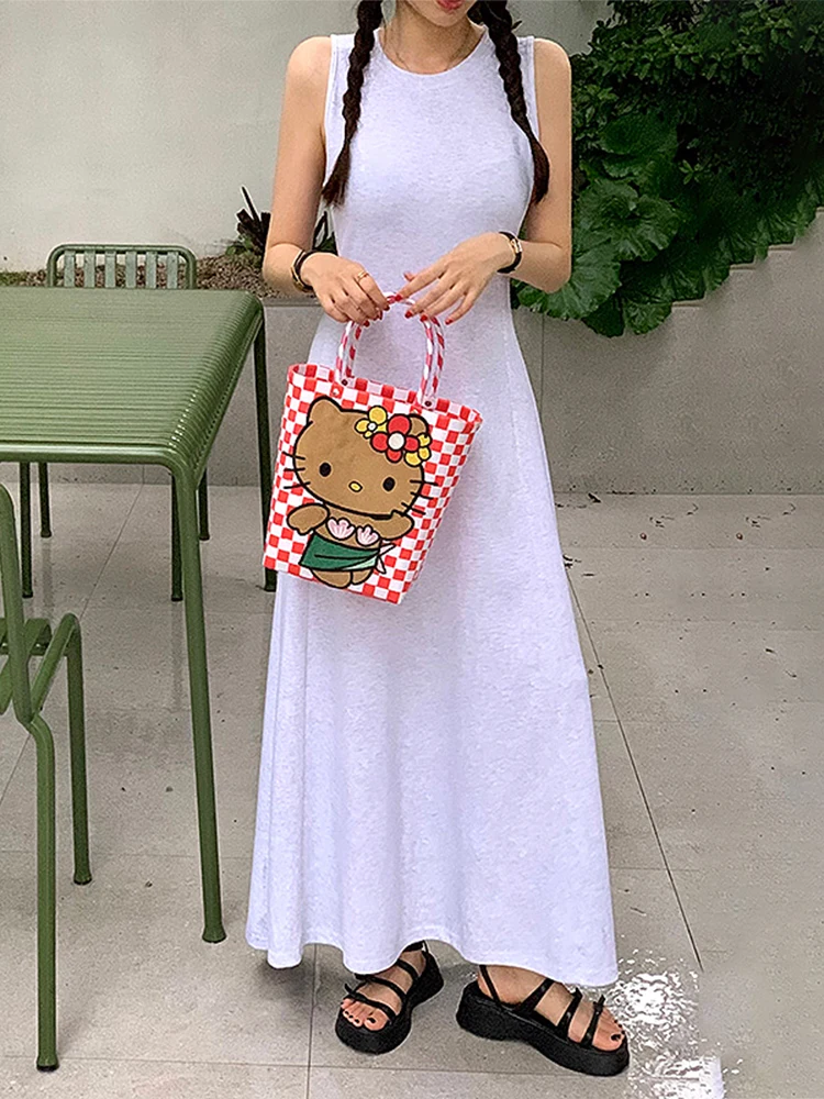 シックな夏のシンプルなエレガンスラウンドネック露出ウエスト痩身ソリッドカラー多用途ロング A ラインドレス女性のファッション