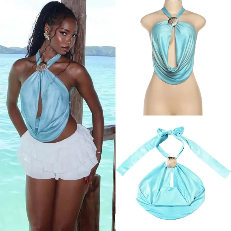 

Chic Sexy Satin Draped Halter Crop Top For Women Backless Silky Bow Design Sleeveless Vest For Summer Beach Party Holiday Look