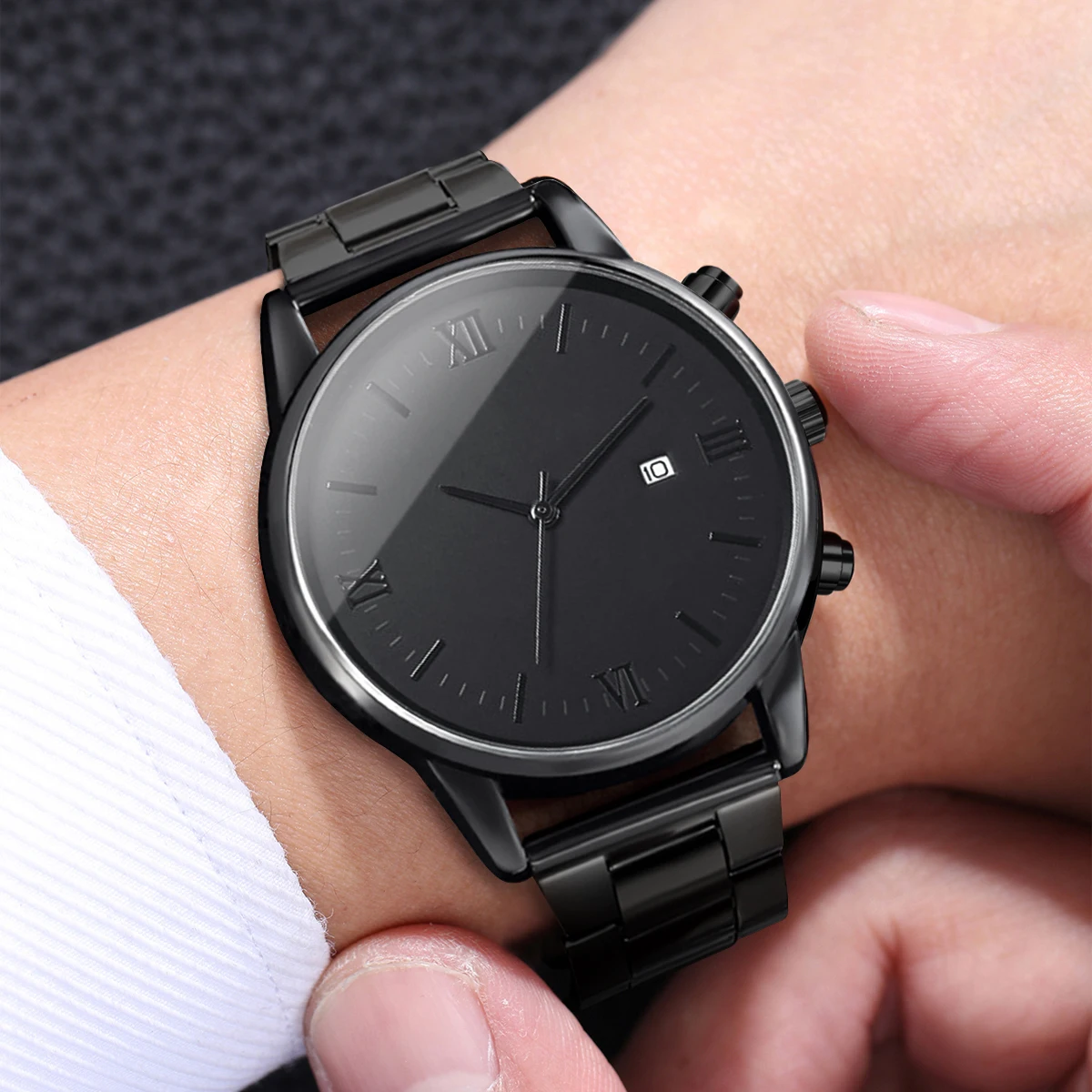 4PCS Men Business Watches Fashion Black Steel Band Male's Calendar Quartz Watch Relogio Masculino Jewelry Set（Without Box）