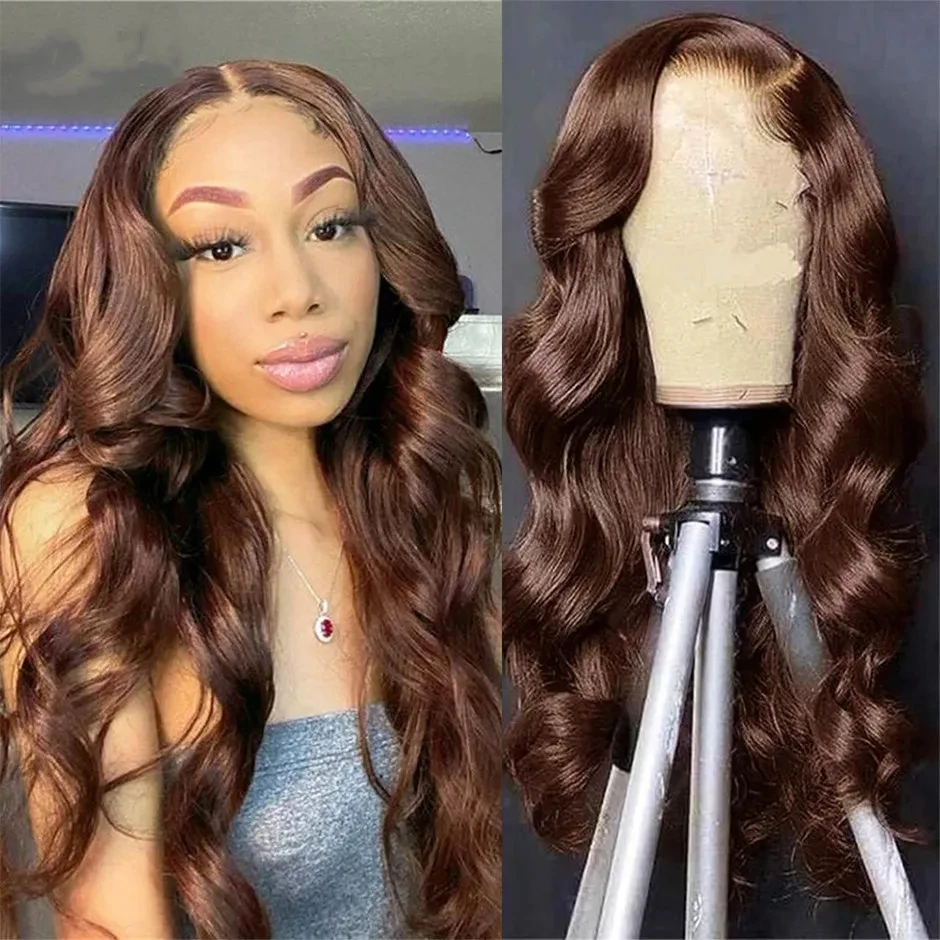 30 Inch 200 Density Chocolate Brown Body Wave 13x4 Lace Front Human Hair Wigs Brazilian Brown Colored  Frontal Wig For Women