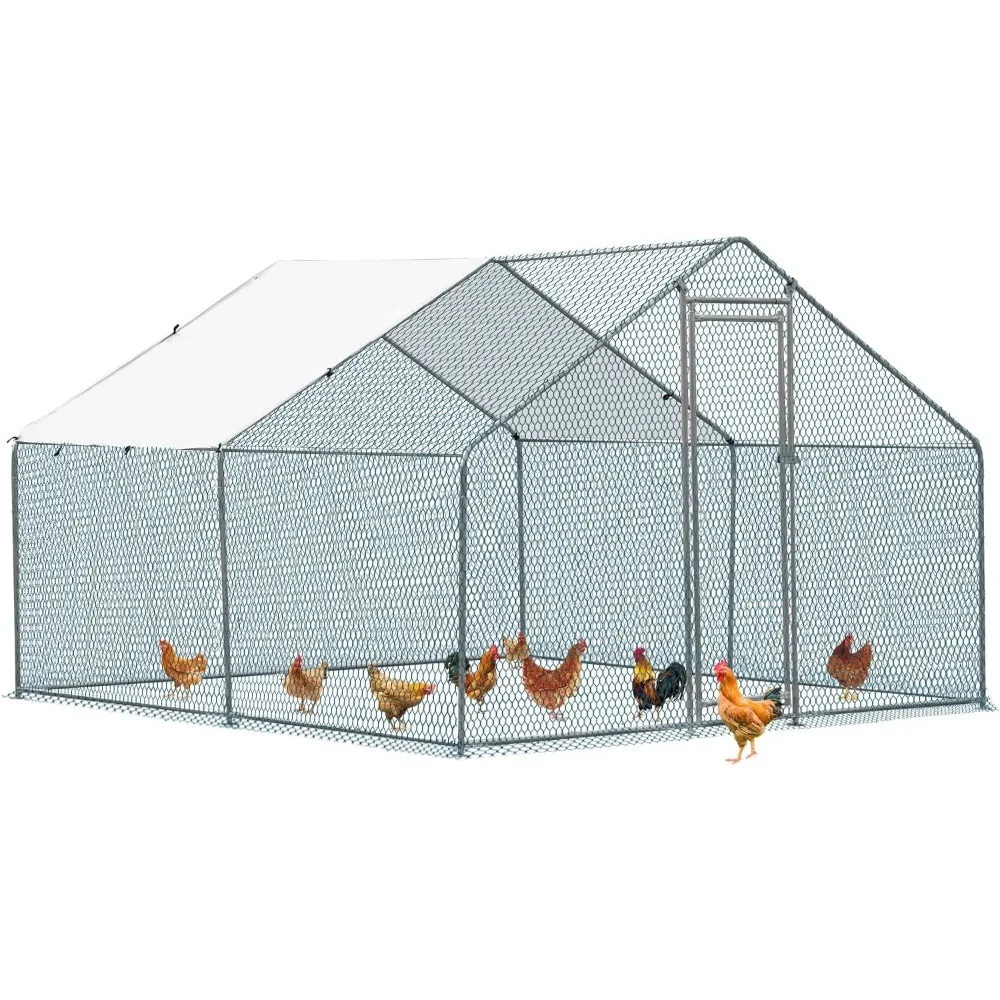 

Chicken Coop, 10×10 FT Large Metal Chicken House, Poultry Habitat Cage with Waterproof Cover, Walk-in Chicken Run Pen for Small