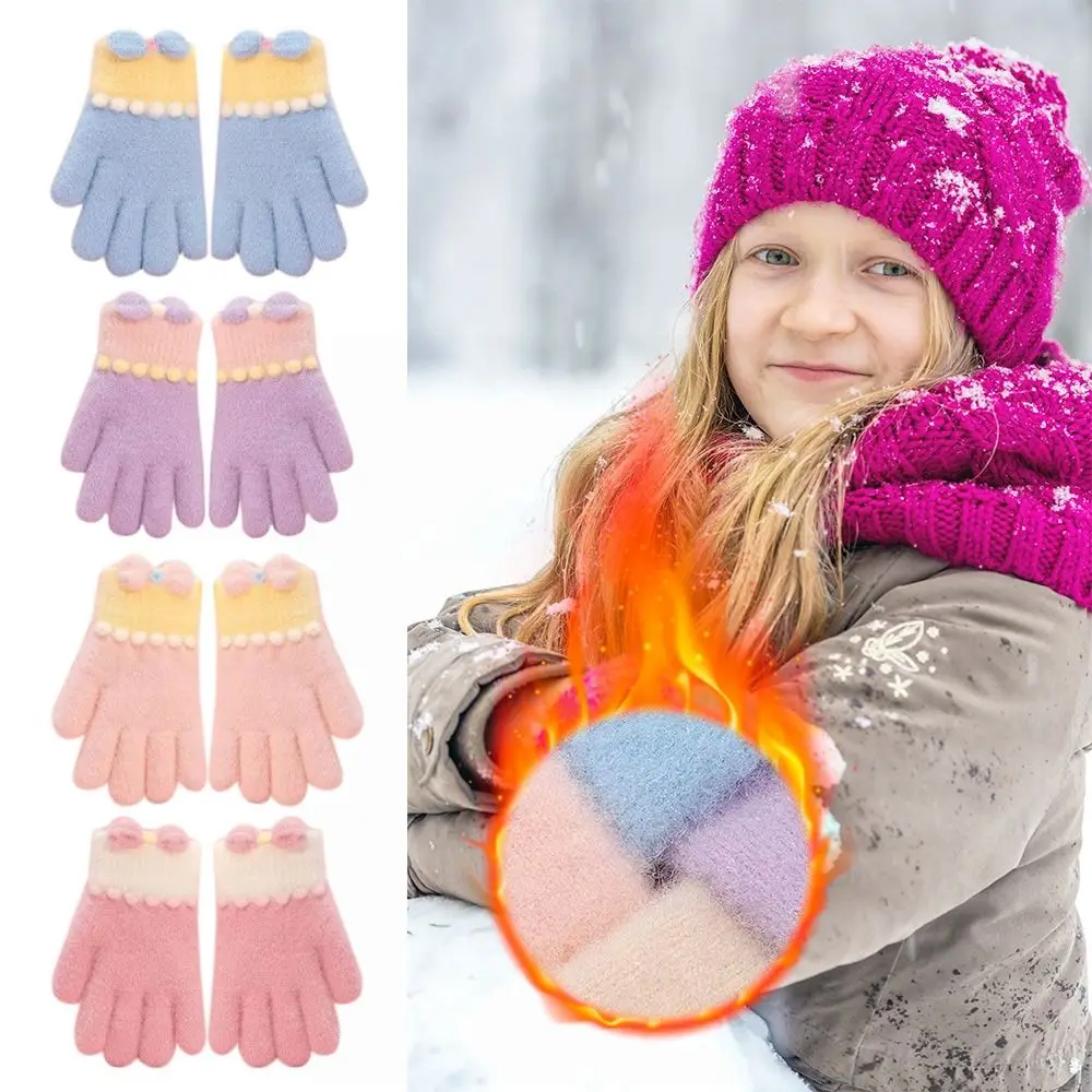

Cold Proof Autumn Winter Gloves Thickened Bow Full Finger Gloves Knitted Gloves Windproof Thermal Thick Snow Gloves