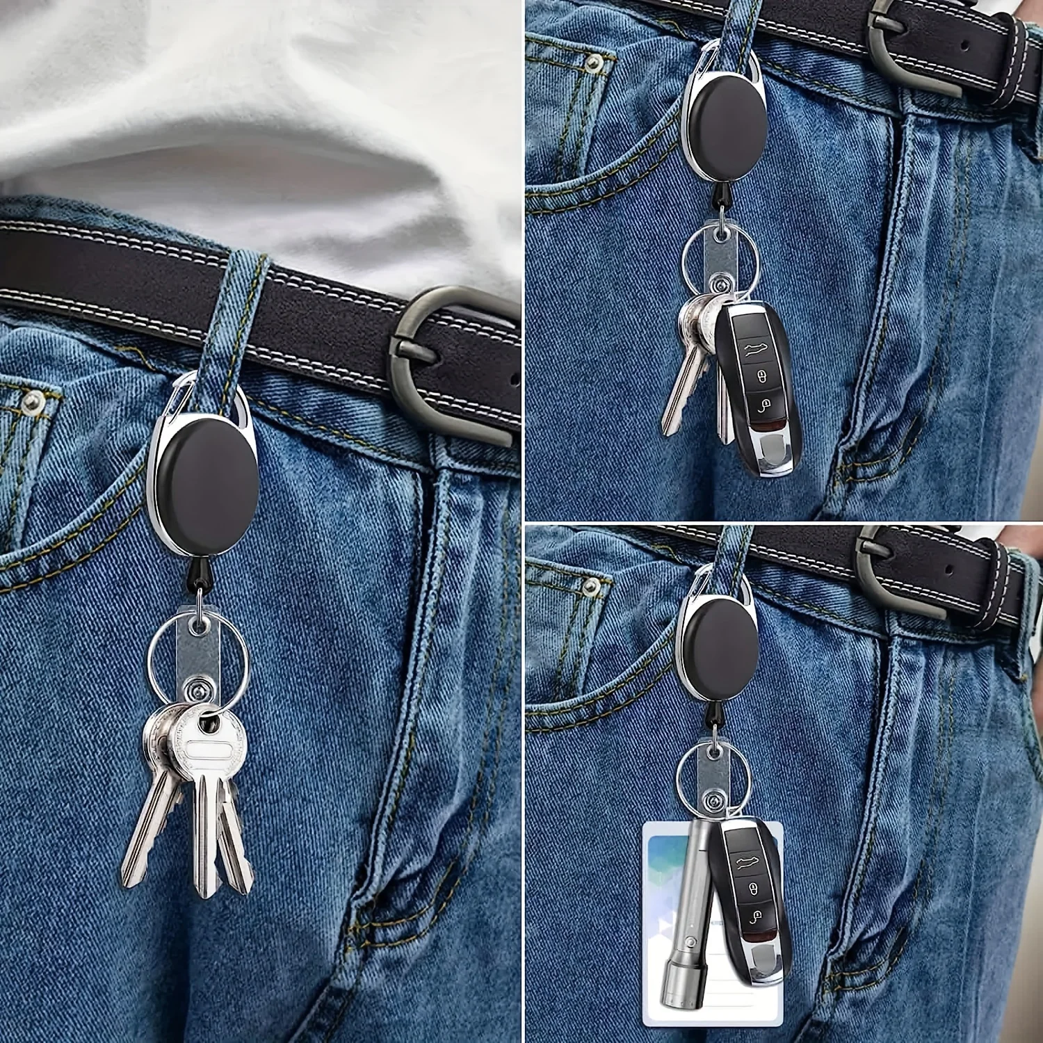3 High-Quality Retractable Badge Holders with 360° Rotation Belt/Carabiner Clip, Key Chain Ring, Snap Fastener, and PVC ID Strap