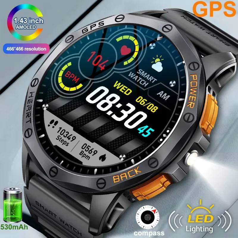 

LIGE Новые военные GPS Смарт-часы для мужчин 1,43-дюймовый AMOLED-экран светодиодный фонарик спортивный браслет на открытом воздухе 530 мАч умные часы с большой батареей