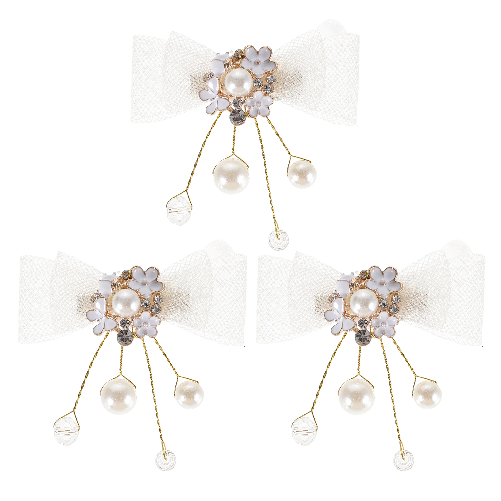 

3pcs Girls Hair Accessories Kids Barrettes Mesh Bow Silk Screen Bride Ribbon Bows Crystal Alloy Hair Decorations