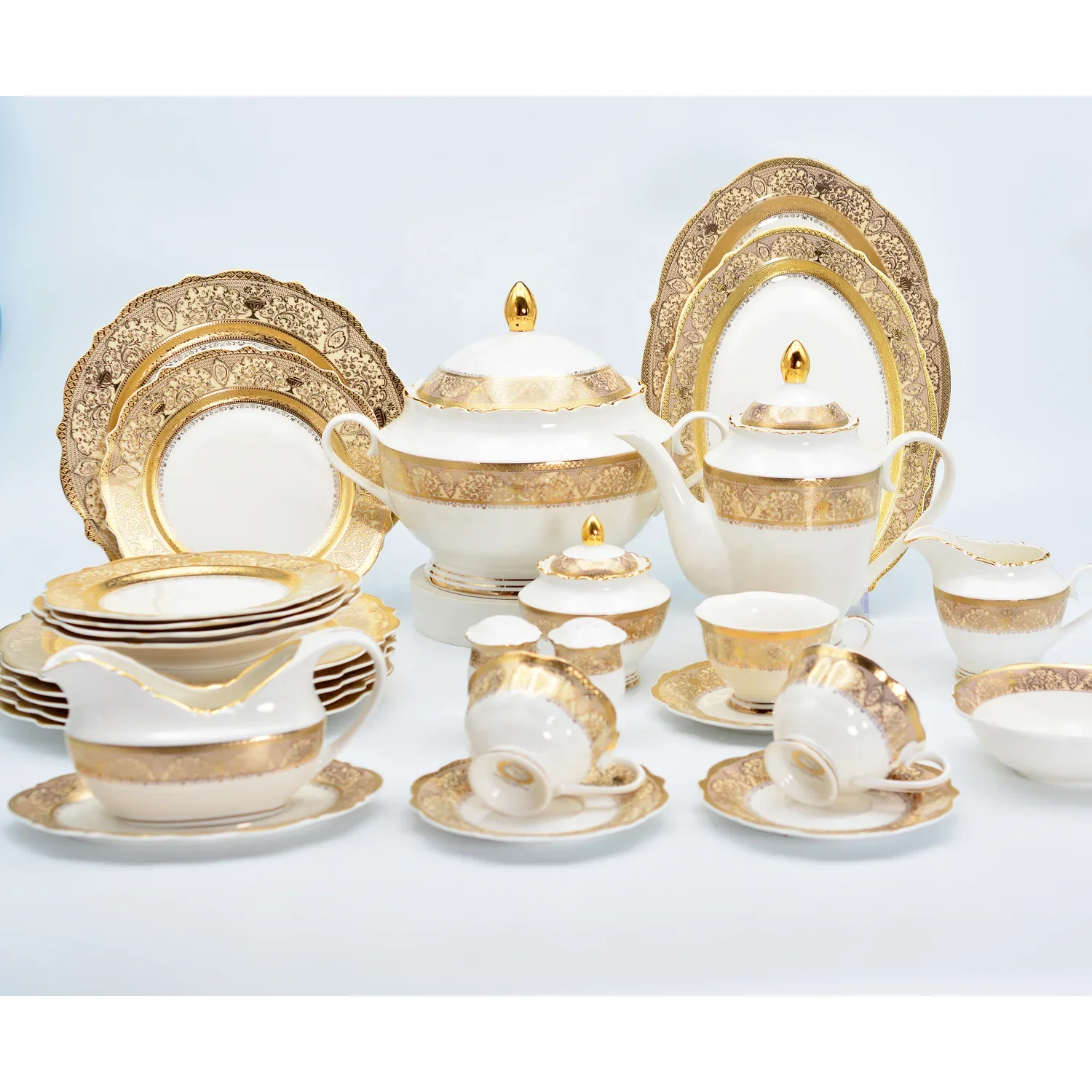 

98pcs Embossed Real Gold Porcelain Luxury Royal Style Wedding Bone China Dinnerware Tableware Dish Plate Dinner Set