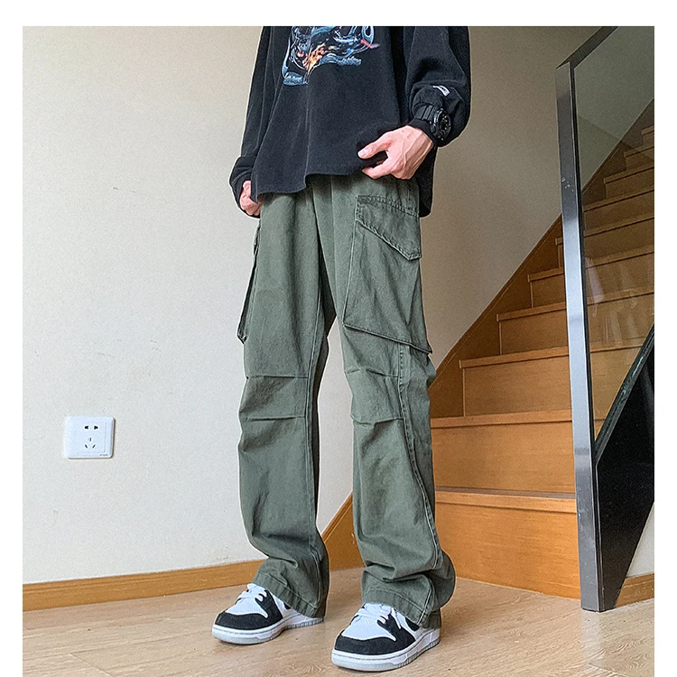 

Мужские рабочие брюки в американском ретро-стиле с множеством карманов, свободные повседневные широкие брюки с эффектом потертости, весенне-осенние, в стиле High Street, длинные