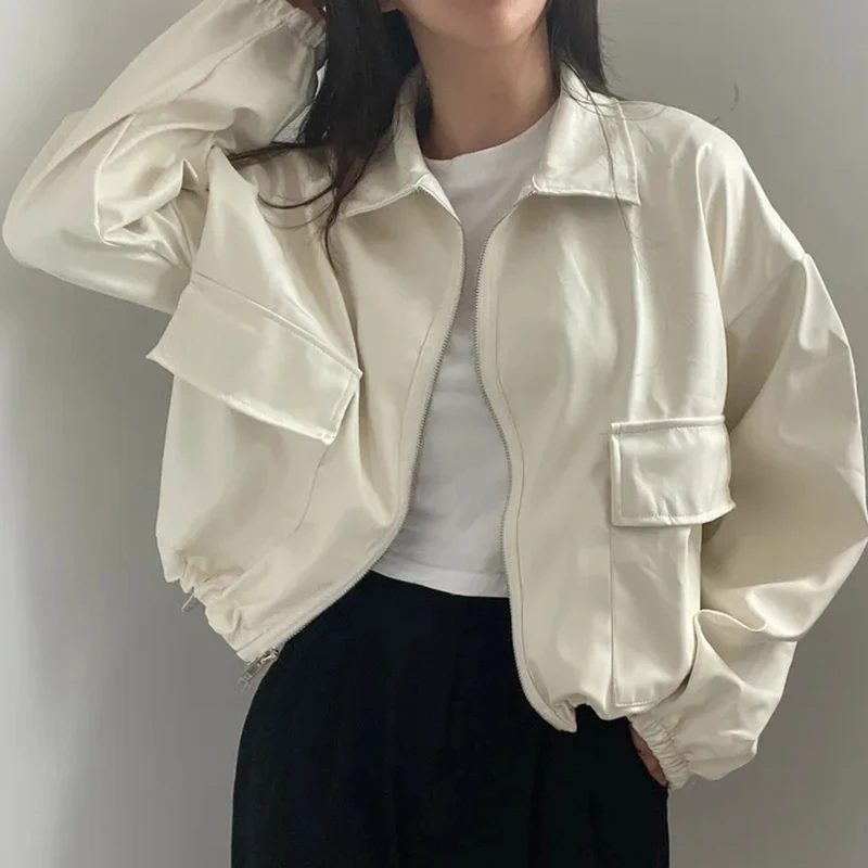 Sli Retro PU Leather Jaet Zipper Loose Fit Long Sve Turn-down Collar Biker Coat for Women Autumn Faion Outerwear