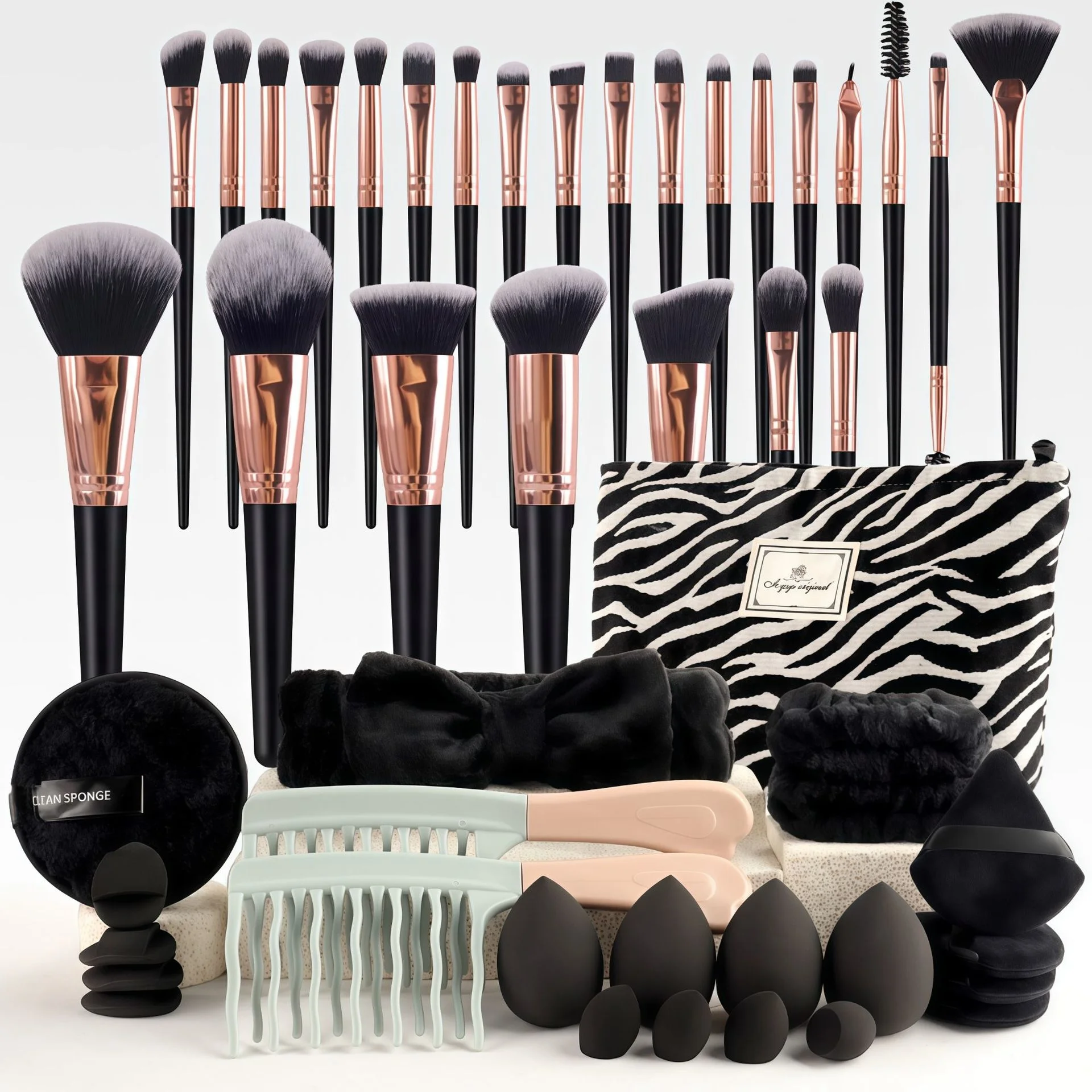 مجموعة فرش مكياج مكونة من 47 قطعة مع حقيبة مستحضرات تجميل محمولة طقم أدوات الزينة للسفر إسفنجة منتفخة أدوات تزيين أنيقة للنساء هدايا السفر