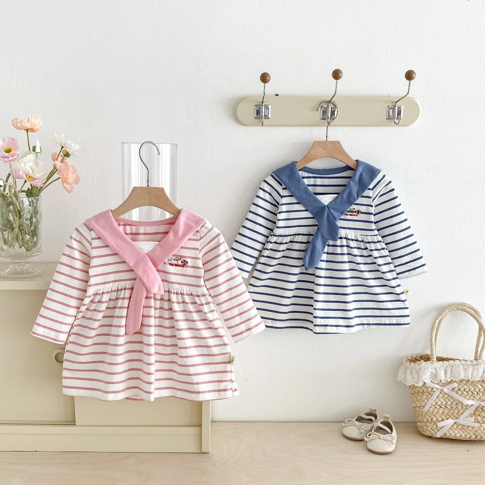Autumn New Infant Toddler Girls Cotton Princess Dress, Navy Collar Striped Long Sleeve Soft Cotton Casual Kids Outfit