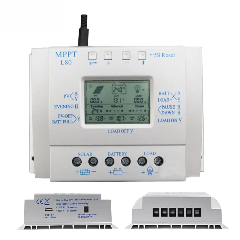 MPPT e PWM Solar Charge Controller, Timer, Charge, 80A, 12V, 24V