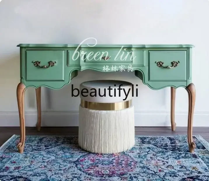 

American French solid wood dresser retro makeup table with mirror combination desk07A
