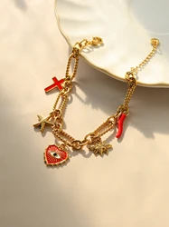 Stainless steel eyes, starfish, bee, cross, pepper charm thread stitching bracelet Women's vintage charm wrist jewelry party