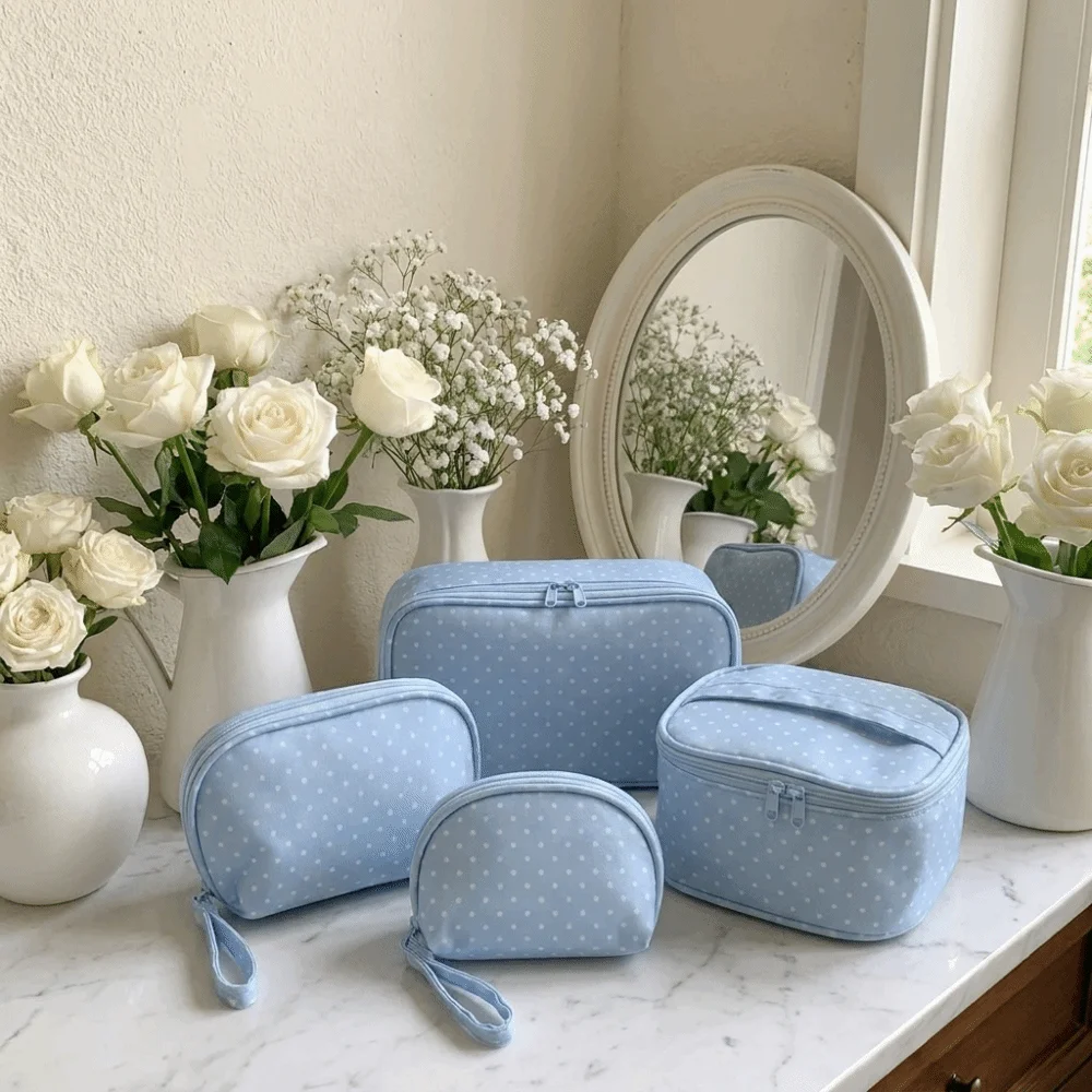 Simple Polyester Polka Dot Makeup Bag Checkered Light Blue Travel Toiletry Storage Bag Multi Size Zipper Cosmetic Pouch Home