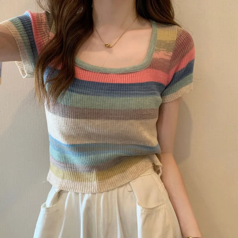 Short-Sleeve Pullovers T-Shirt Summer Colorful Striped Casual Fashion Square Collar Designed New Thin Crop Knitted Top Women